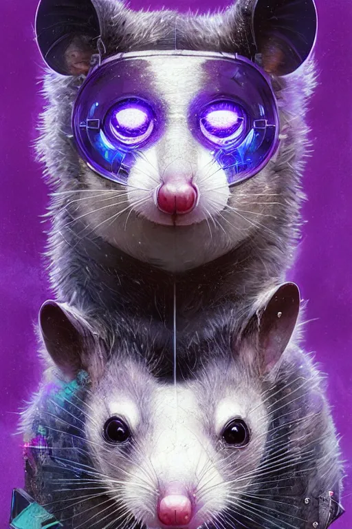 Image similar to a beautiful portrait of a cute cyberpunk opossum by sandra chevrier and greg rutkowski and wlop, purple blue color scheme, high key lighting, volumetric light, digital art, highly detailed, fine detail, intricate, ornate, complex, octane render, unreal engine, photorealistic