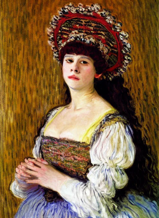 Image similar to portrait of young woman in renaissance dress and renaissance headdress, art by claude monet