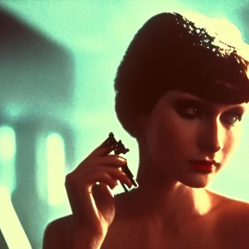 Image similar to elegant woman, cigarette smoke, owl, blade runner (1982), shallow depth of field medium shot, award winning, god rays