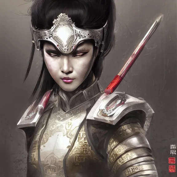 Image similar to ancient chinese princess with cyberpunk mask, dynasty warriors, elegant, unreal engine, rgb background, 8 k, silver color scheme, headshot, highly detailed, smooth, ink painting, artstation, concept art, in style of yoji shinkawa, pan ren wei, col price, atey ghailan, by greg rutkowski, aesthetic