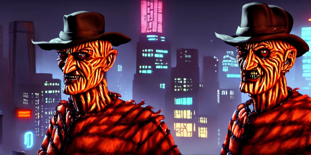 Prompt: a portrait of freddy krueger in a cyberpunk city, pixar, dramatic lighting