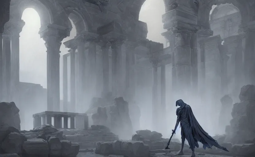 Prompt: the grim reaper at a dark ancient greek temple, soft grey and blue natural light, intricate, digital painting, artstation, concept art, smooth, sharp focus, illustration, art by greg rutkowski and luis rollo and uang guangjian and gil elvgren, symmetry!