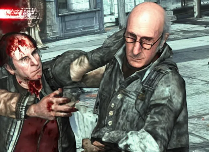 Image similar to video game still of larry david as leon fighting off a zombie in the video game resident evil 2,