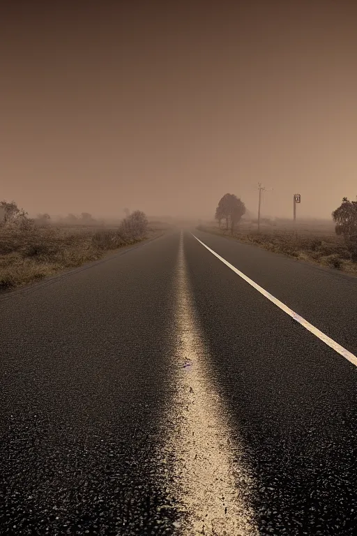 Image similar to sepia photo of a road with no end, dust smog in background, photorealistic, tonemapped