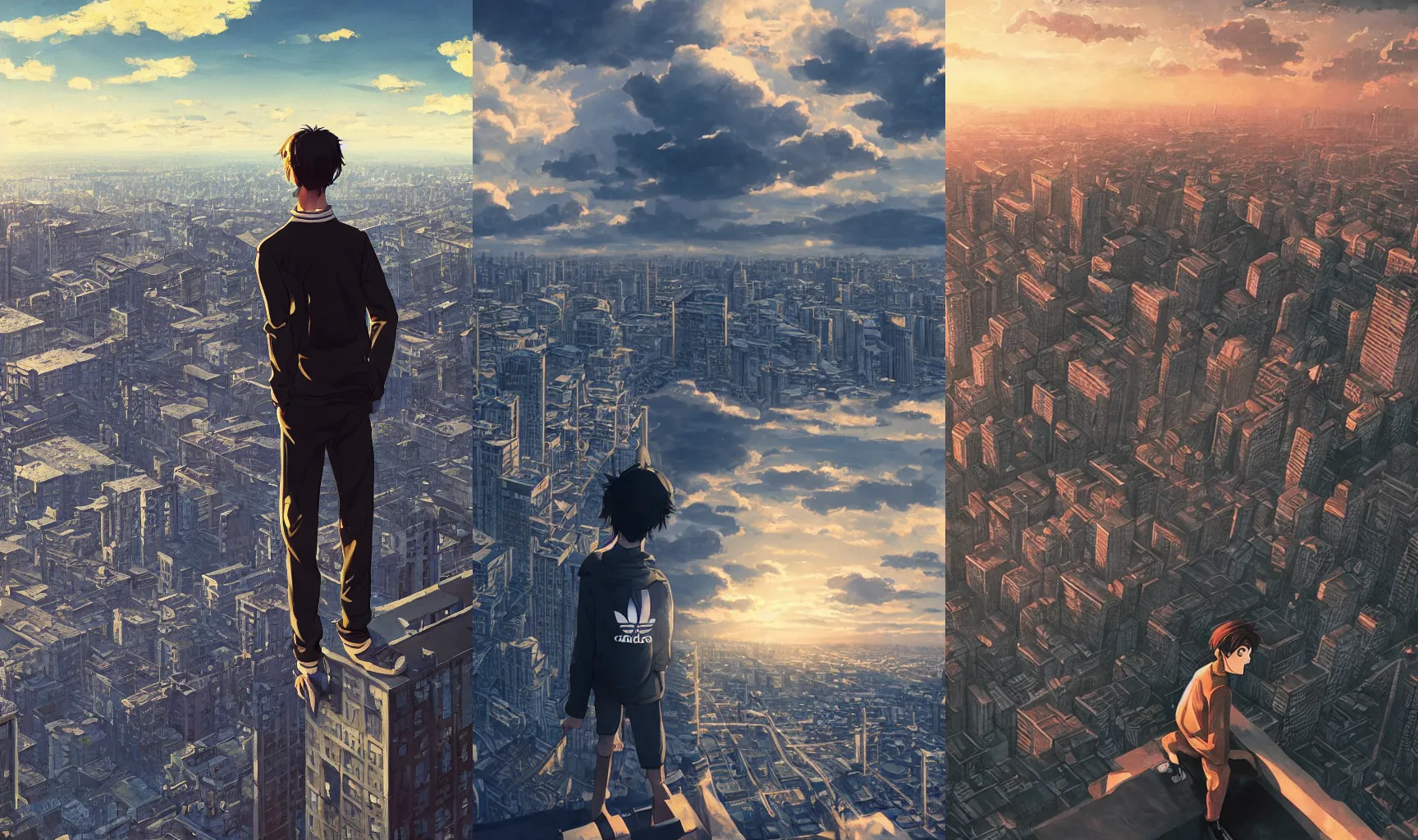 Prompt: Sad gopnik boy in black adidas, view atop of a urban plateau filled with soviet apartment buildings, golden hour, dreamy, beautiful clouds, ultra detailed, beautiful lighting, wallpaper, cityscape, 4K, beautiful artwork by Makoto Shinkai