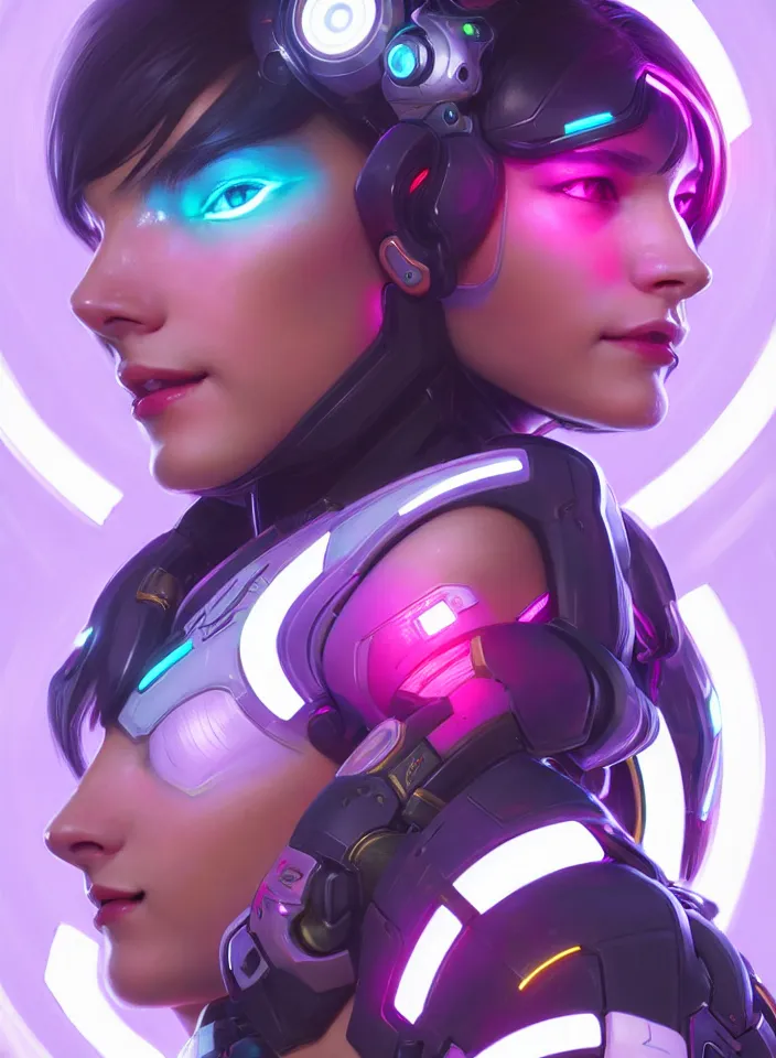 Image similar to ymmetry portrait of dva from overwatch, sci - fi, tech wear, glowing lights intricate, elegant, highly detailed, digital painting, artstation, concept art, smooth, sharp focus, illustration, art by artgerm and greg rutkowski and alphonse mucha