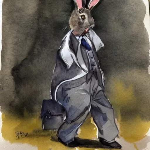 Image similar to a rabbit dressed as sherlock holmes, watercolour realism