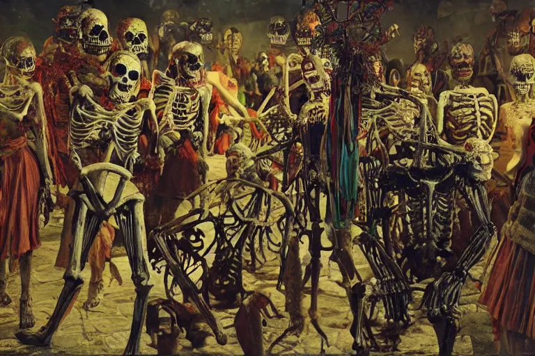 Image similar to scene from spartacus, day of the dead, cyber skeleton, neon painting by otto dix