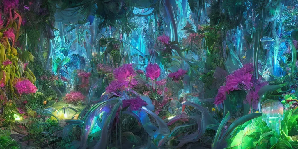 Image similar to Beautiful futuristic crystal sculpture in jungle with big wild flowers, soft neon lights, bright colors, cinematic, smooth, chrome, dramatic, fantasy, by Moebius, by Zdzisław Beksiński, high contrast, epic composition, sci-fi, dreamlike, surreal, angelic, 8k, unreal engine, hyper realistic, fantasy concept art, XF IQ4, 150MP, 50mm, F1.4, ISO 200, 1/160s, natural light, Adobe Lightroom, photolab, Affinity Photo, PhotoDirector 365