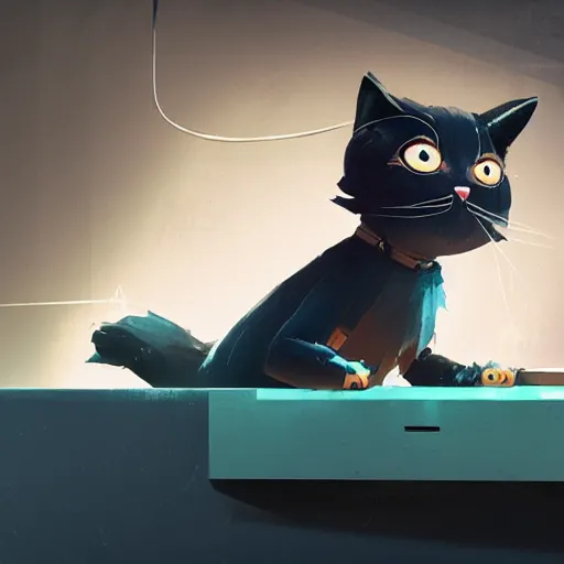 Prompt: a puppet cat is lying on the computer table, characterized by roman shipunov, etienne hebinger, atey ghailan, cgsociety, fantasy art, 2 d game art