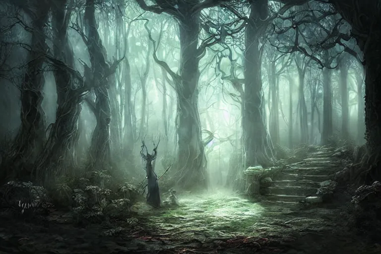 Image similar to an old elven wood, a view to an eerie fantasy world, portal to new york ethereal back light, mist, coherent composition, detailed fantasy painting by yuumei