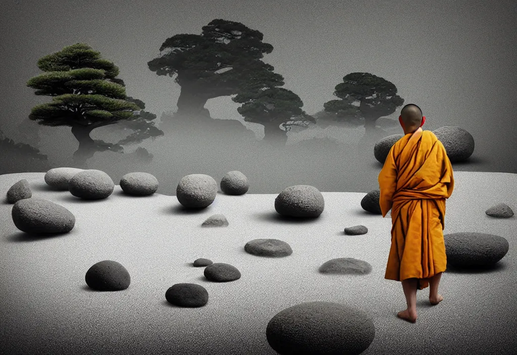 Image similar to portrait of a lone monk raking stones in a beautiful serene zen garden kyoto, japan, a collage painting, in the style of wes anderson, lola dupre, david hockney, isolated on negative white space background dark monochrome fluorescent neon spraypaint accents volumetric octane render