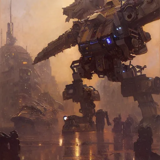 Image similar to six meters tall mech fighting in an urban environment, epic action scene, by gaston bussiere craig mullins jc leyendecker gustav klimt artgerm greg rutkowski john berkey, bergey, craig mullins, ruan jia, raymond swanland, jeremy mann, tom lovell, alex malveda, shadow ray casting, bump mapping