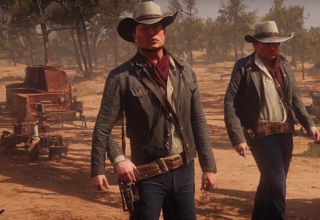 Image similar to elon musk in the red dead redemption 2, elon musk in the video game red dead redemption 2, gameplay screenshot, close up, 3 d rendering. unreal engine. amazing likeness. very detailed.