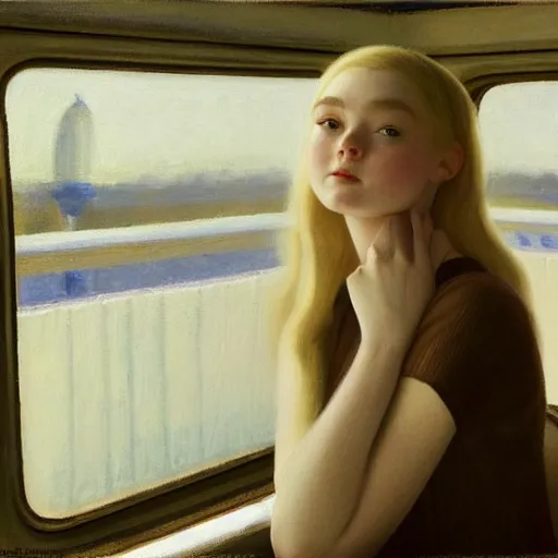 Prompt: Painting of Elle Fanning in a train, long blonde hair, delicate, pale milky white porcelain skin, by Edward Hopper. 8K. Extremely detailed.