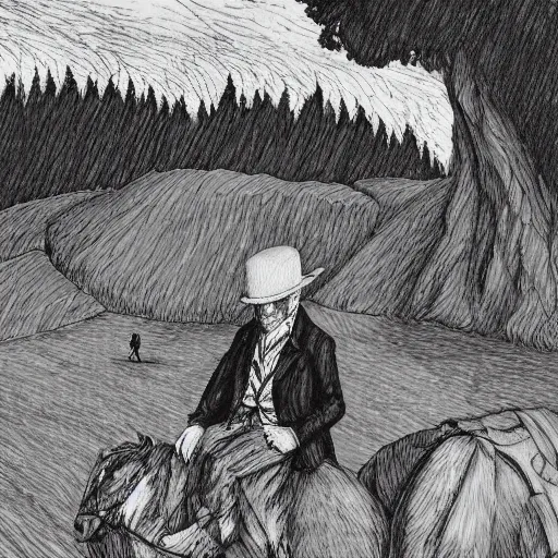 Prompt: a black and white edward gorey illustration of a man in old fashioned clothes waits by the side of the mountain road with his suitcase, looking at a coach with 4 horses is in front of him, stormy night time in the mountains highly detailed in the style of edward gorey, artgerm, 8 k resolution - c 5