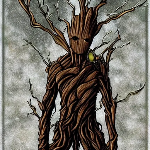 Image similar to groot but as a metal