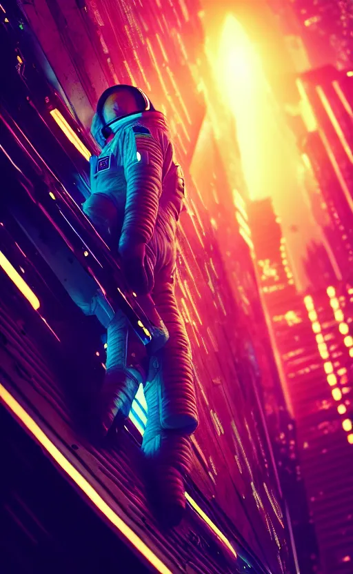 Image similar to professional photo of astronaut looking in the camera from low angle shot, cyberpunk background, blade runner, hyperrealistic masterpiece, trending on artstation, cgsociety, kodakchrome, golden ratio, cinematic, composition, beautiful lighting, hyper detailed, sharp focus, octane render, 4 k, unreal engine