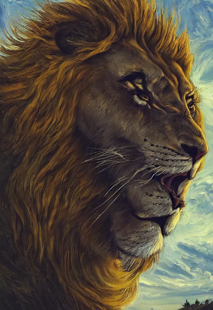 Prompt: a portrait of a lion with a flowing mane looking directly at the camera by simon stalenhag and umberto boccioni dark, magical, fantasy, trending on artstation, digital art.