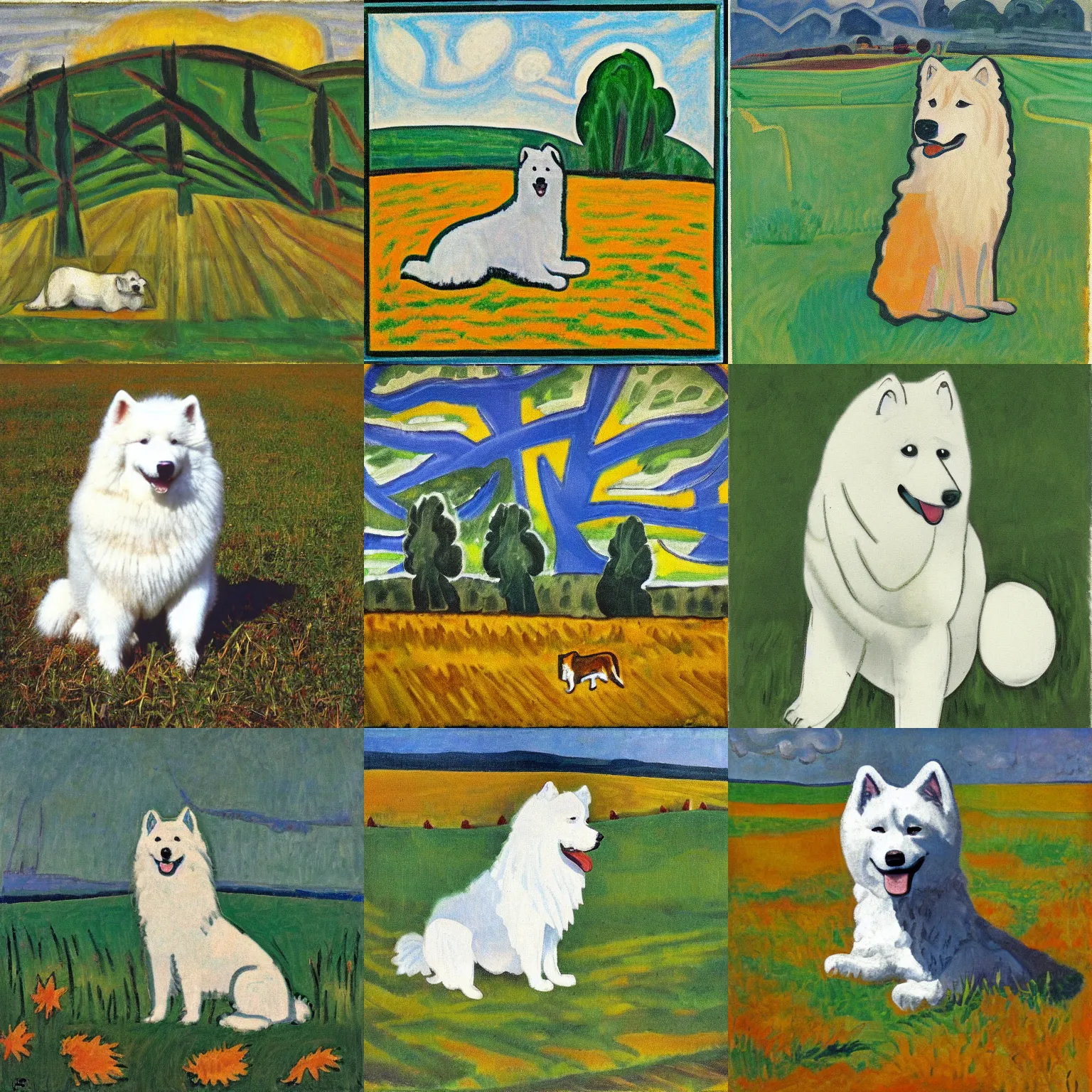 Prompt: a samoyed dog sitting in the middle of sunny meadow, by erich heckel