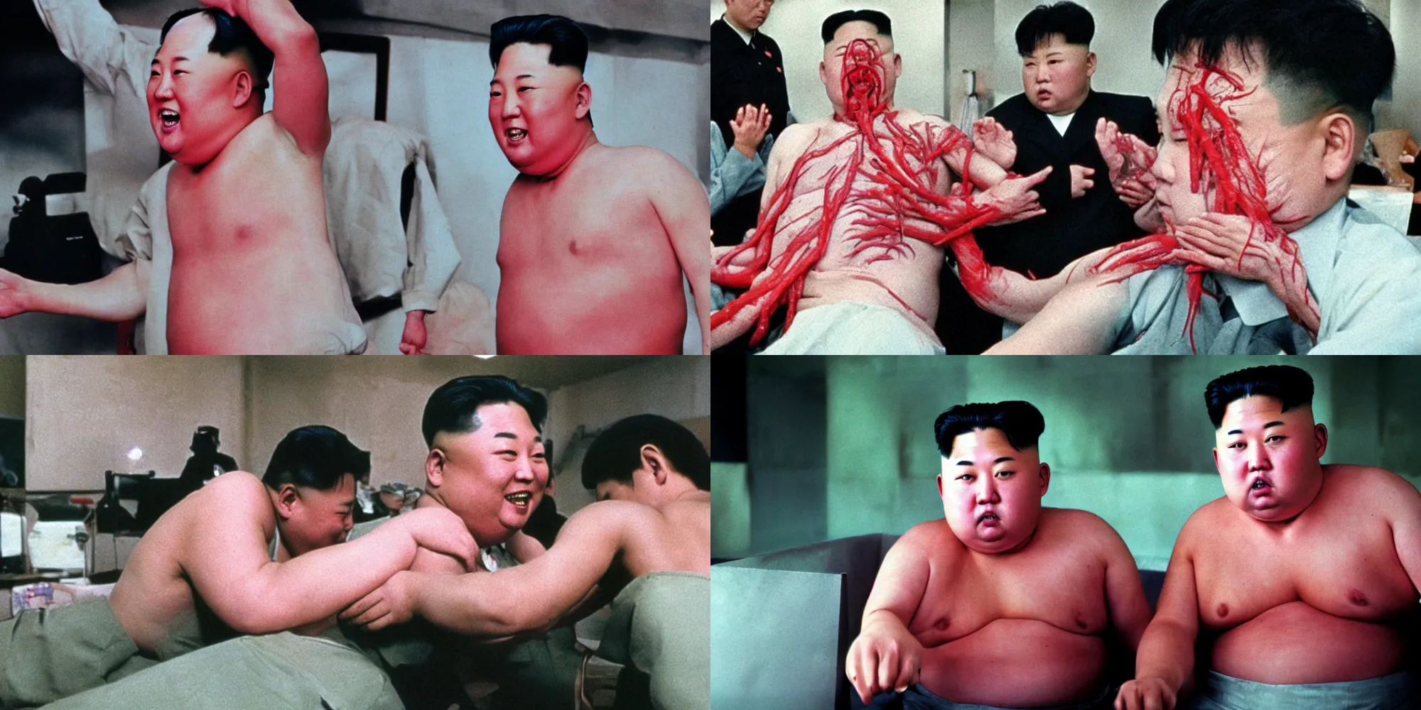 Prompt: kim jong - un body horror directed by david cronenberg, limb mutations, swollen veins, red flesh strings, cinestill 8 0 0 t, 1 9 8 0 s movie still, film grain