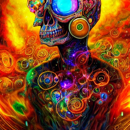 Image similar to portrait of a fantasycore glitchcore pristine skull wearing headphones. intricate abstract. intricate artwork. celestial. psychdelic. prismatic, by josephine wall, by gilbert williams, pixar, ghibli. octane render, CGSociety very coherent symmetrical artwork. cinematic, hyper realism, high detail, octane render, 8k, holographic accents