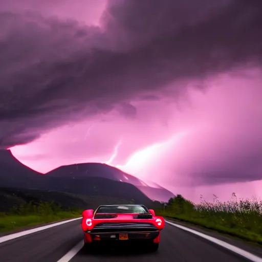 Image similar to nightmarish creatures rushing towards car, black pontiac firebird trans - am driving towards the camera, norway mountains, red glow in sky, valley, large lake, dynamic, cinematic, motionblur, volumetric lighting, wide shot, low angle, large lightning storm, thunder storm