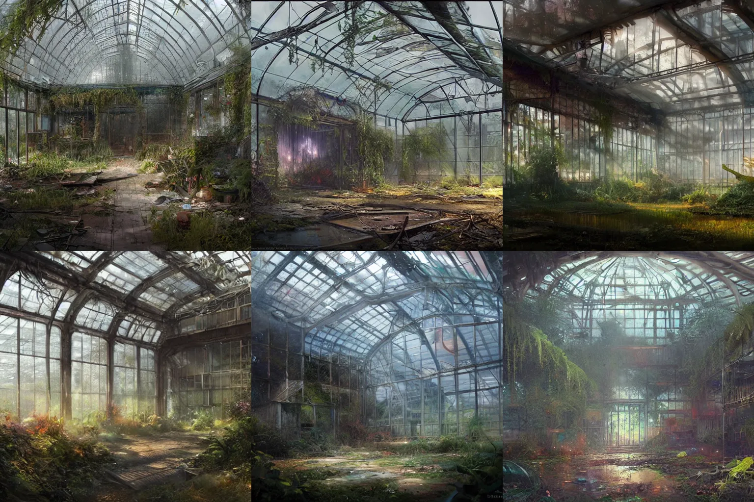 Prompt: the inside of an abandoned greenhouse with a nebula stirring between the overgrowth by greg rutkowski and thomas kinkade, Trending on artstation.