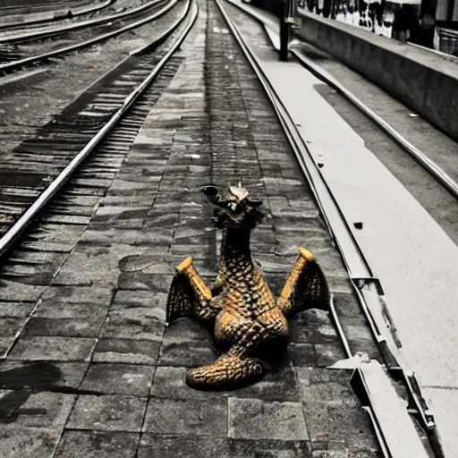 Prompt: sad dragon sitting on the rails