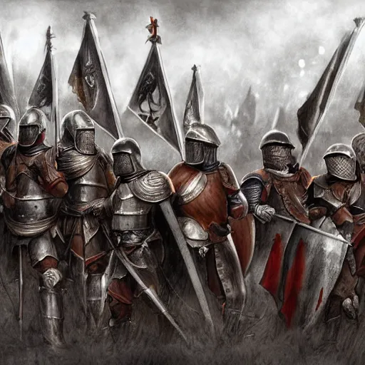 Image similar to realistic, 5 medieval knights, soldiers, in line, pikes, hellbards, banner, flag, mist, picture from behind, epic, digital art, illustration, fantasy, realistic sketch, dark