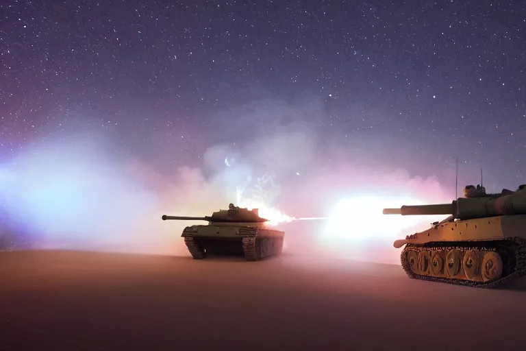 Prompt: battlefield at night, flares light up tanks moving across a desert