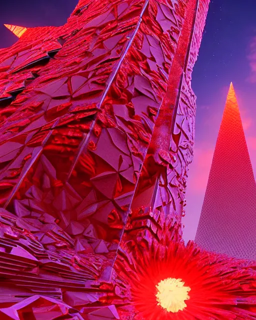 Prompt: futuristic sci fi exterior crystal jagged textured obelisk structures made out of red mandelbulb glowing crystal energy on the nuclear reactor unreal engine volumetric lighting subsurface scattering