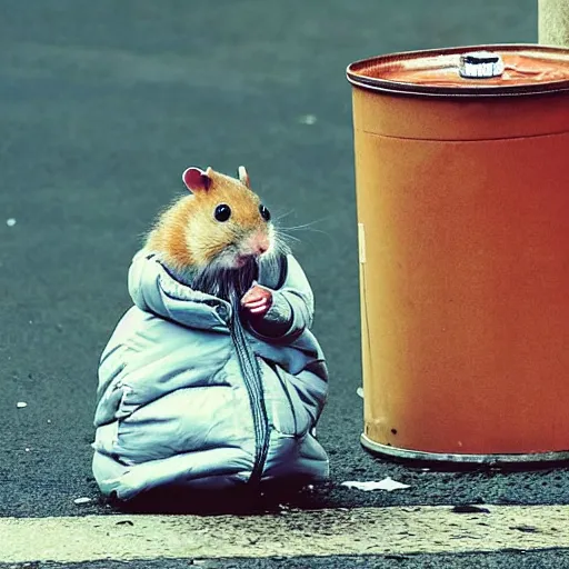 Image similar to “ hamster dressed as a homeless person sitting at an intersection with arms stretched out holding a tin can, trash on ground, sad atmosphere ”