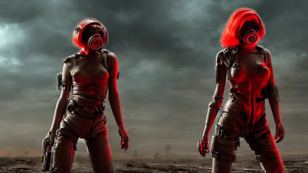 Prompt: big budget scifi movie set in postapocalyptic world sexy female cyborg in red rubber and gas mask kills aliens brainsuckers in a futuristic battle