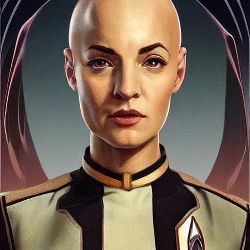 Image similar to a bald serbian!!! young woman as a star trek captain, wearing a grey uniform, still from star trek painted by artgerm and greg rutkowski and alphonse mucha. clear highly detailed face, beautiful sci fi art