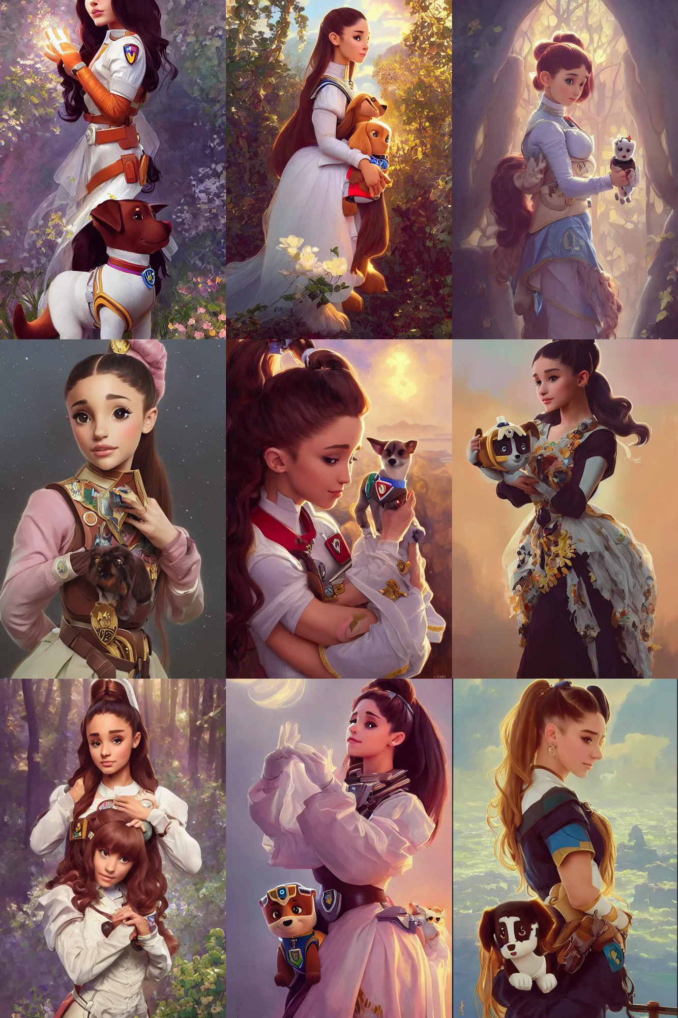 Prompt: beautiful cottagecore Ariana Grande holding a Paw Patrol Dog named Chase, intricate, elegant, highly detailed, digital painting, artstation, concept art, smooth, sharp, focus, illustration, art by artgerm and greg rutkowski and alphonse mucha