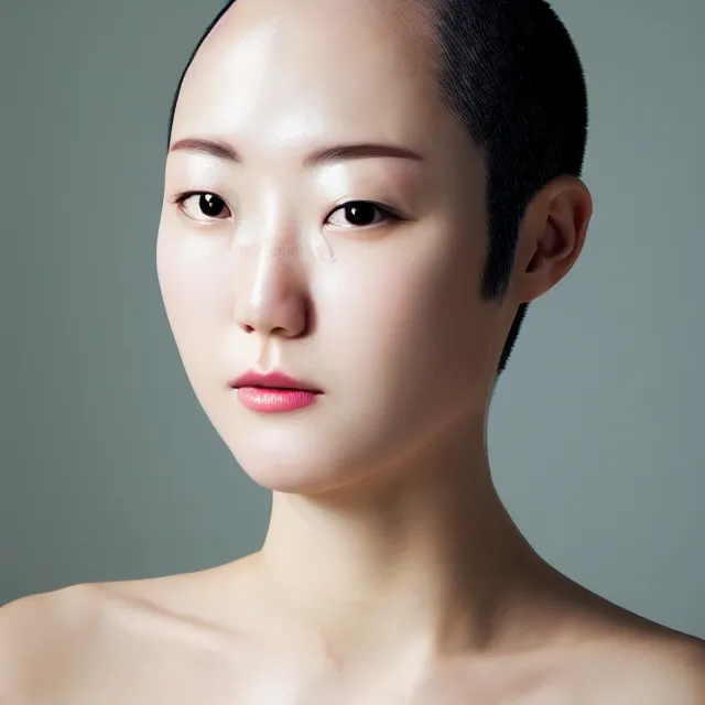 Image similar to photograph portrait bald korean japanese goddess of beauty neutral expression face straight on headshot even lighting no hair