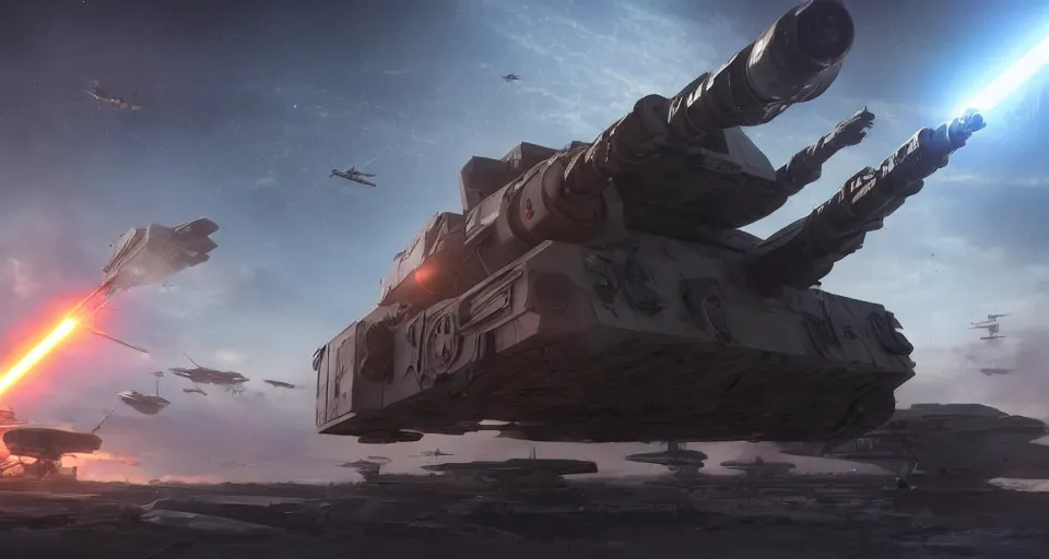 Prompt: a gigantic hard surface military hardware digital movie camera shaped spaceship m1 tank floating in the sky, star wars, maschinen krieger, anime mech armor, ilm, beeple, star citizen halo, mass effect, transformers, elysium, warm saturated colours