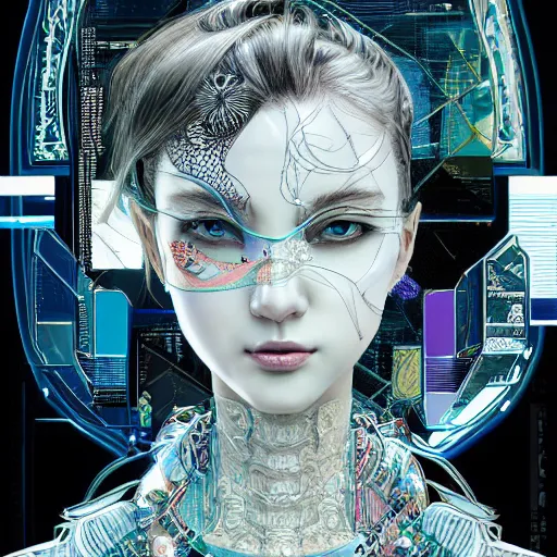 Prompt: the portrait of an absurdly beautiful, graceful, elegant, sophisticated, fashionable cyberpunk gravure idol, an ultrafine hyperdetailed illustration by kim jung gi, irakli nadar, intricate linework, bright colors, collage, porcelain skin, unreal engine 5 highly rendered, global illumination, radiant light, detailed and intricate environment