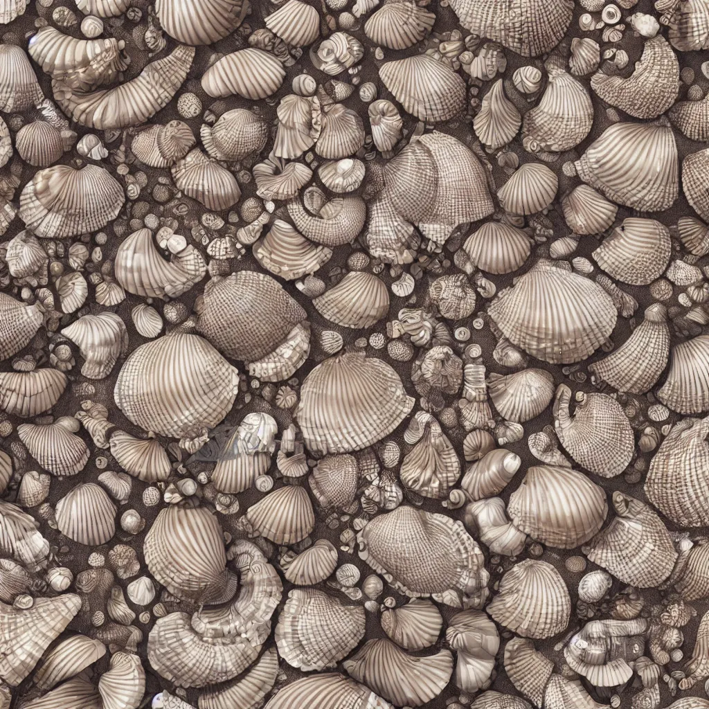 Image similar to geometric complex sea shell designs by ernst haeckel, closeup, fractal, realistic cinema 4 d render, beach sand background, clear focus, very coherent, very detailed