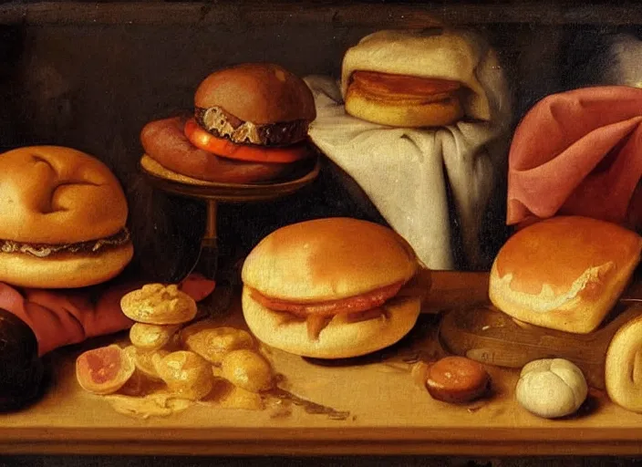 Image similar to a beautiful renaissance painting of a sweating young hamburger, sweet firm buns, in style of John Singer Sargant, still life, Velasquez, trending on artstation