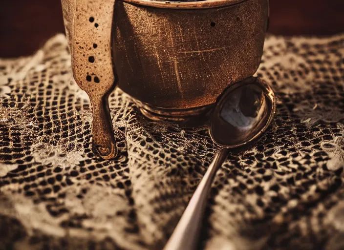 Image similar to dslr photograph of a beautiful bowl filled with rusty nails screws and bolts with a spoon next to it on a lace napkin, 8 5 mm f 1. 8