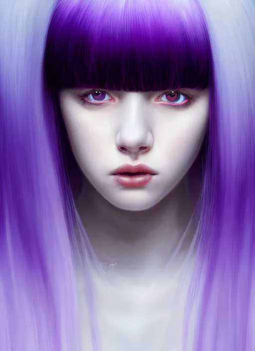 Image similar to hair whitebangs hair, black hair, whitebangs, portrait of teenage girl with white bangs, red irises, purple clothes, white bangs, bangs are different color from hair, intricate, elegant, glowing lights, highly detailed, digital painting, artstation, concept art, smooth, sharp focus, illustration, art by wlop, mars ravelo and greg rutkowski