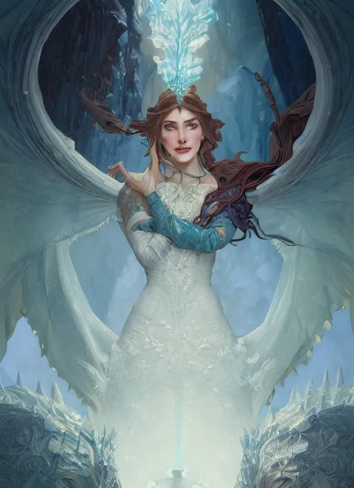 Image similar to kingdom of the frozen dragons, fantasy, medieval, highly detailed, digital painting, artstation, concept art, smooth, sharp focus, illustration, art by artgerm and greg rutkowski, reimagined by alphonse mucha