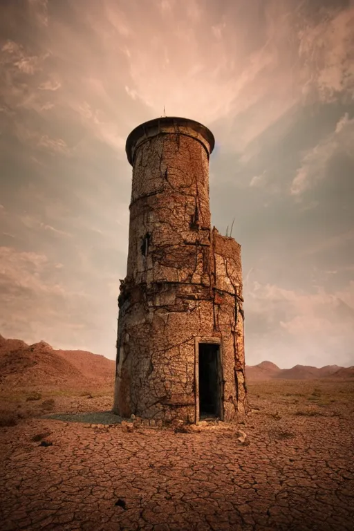 Image similar to an old decaying tower in the middle of a vast desert, fantasy, hyper realistic, atmospheric lighting, 8k,