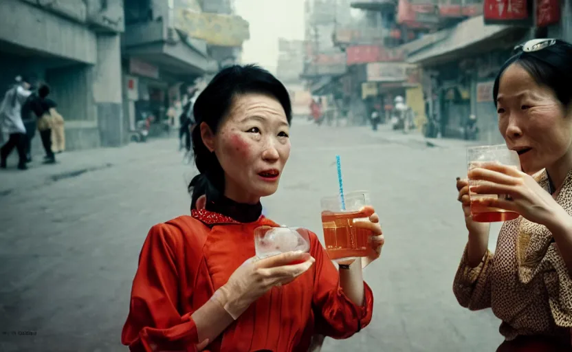 Image similar to cinestill 5 0 d candid photographic portrait by helen levitt of two android women sharing a drink in futuristic china, extreme closeup, modern cyberpunk, dust storm, 8 k, hd, high resolution, 3 5 mm, f / 3 2, ultra realistic faces, intricate detail, ex machina