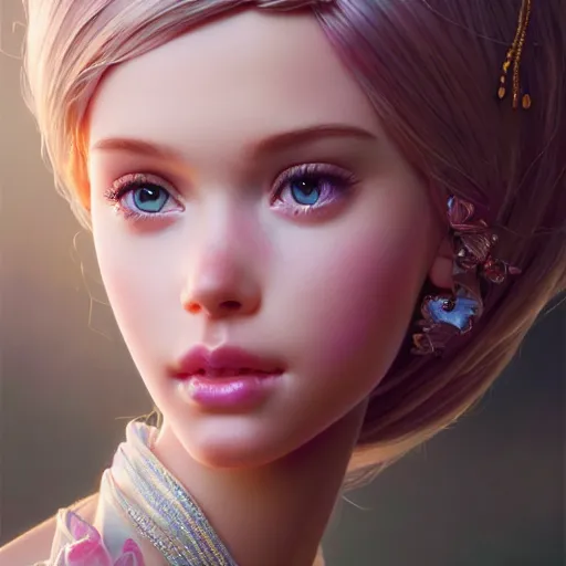 Prompt: a beautiful portrait of cute barbie ; crisp sharp focus ; ultra realistic, concept art, intricate details, stunning model, highly detailed, photorealistic, octane render, 8 k, unreal engine. art by artgerm and greg rutkowski and charlie bowater and magali villeneuve and alphonse mucha
