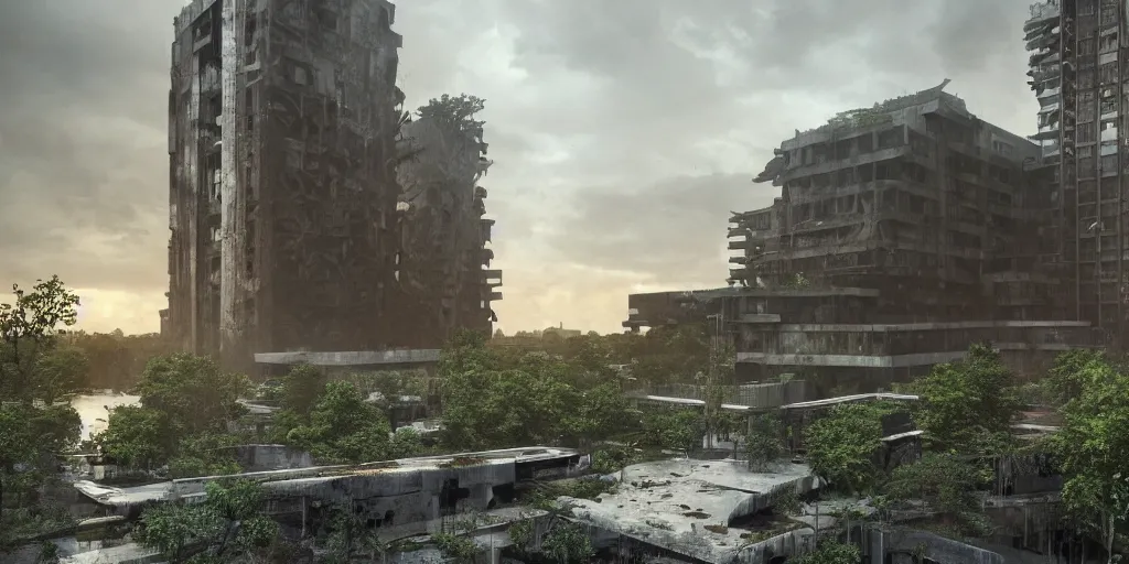 Image similar to an extremely detailed building, brutalist architecture, streetscapes, surrounded by lush green forest and murky ponds of water, stunning volumetric lighting, sunset, rusted steel, smooth solid concrete, stunning skies, trending on Artstation, 8k, photorealistic, hyper detailed, unreal engine 5, IMAX quality, cinematic, epic lighting, in the style of the game DOOM, by Greg Rutkowski