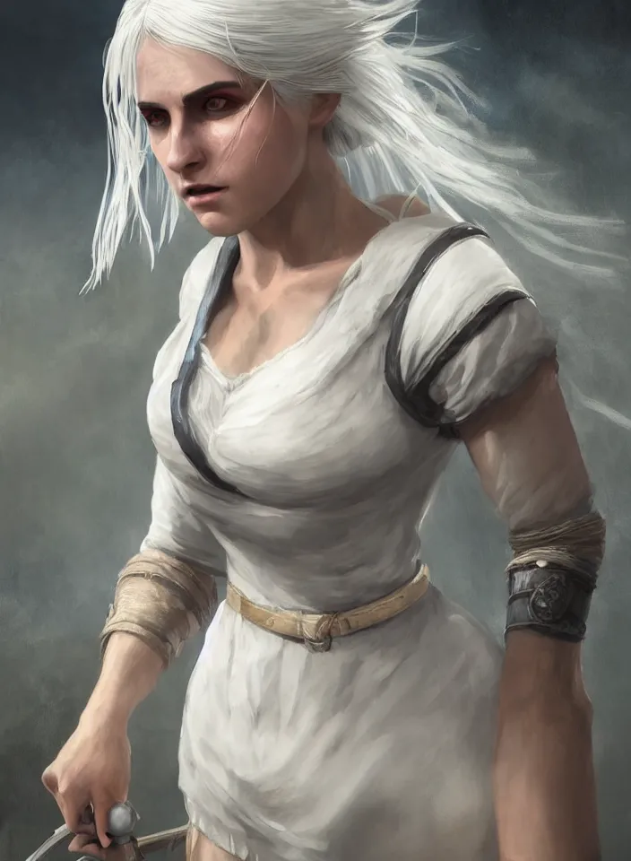 Image similar to a half portrait of ciri from the witcher 3 wearing a white sundress from skyrim, platinum hair, fantasy setting, beautiful face, warm colors, serene lighting, atmospheric, cinematic, moody, in the style of diego koi, gina heyer, luiz escanuela, art by alyssa monk, hyperrealism, rule of thirds, golden ratio, oil on canvas, 8 k