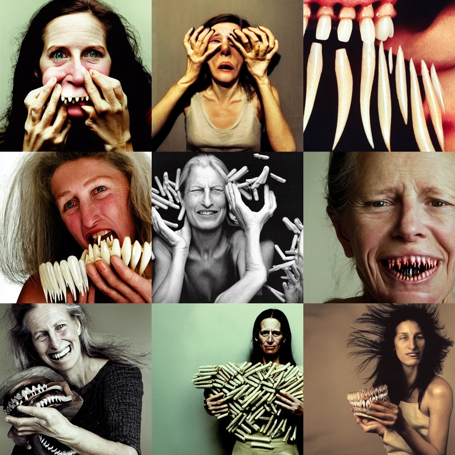 Prompt: a photograph of a woman holding a pile of teeth by annie leibovitz